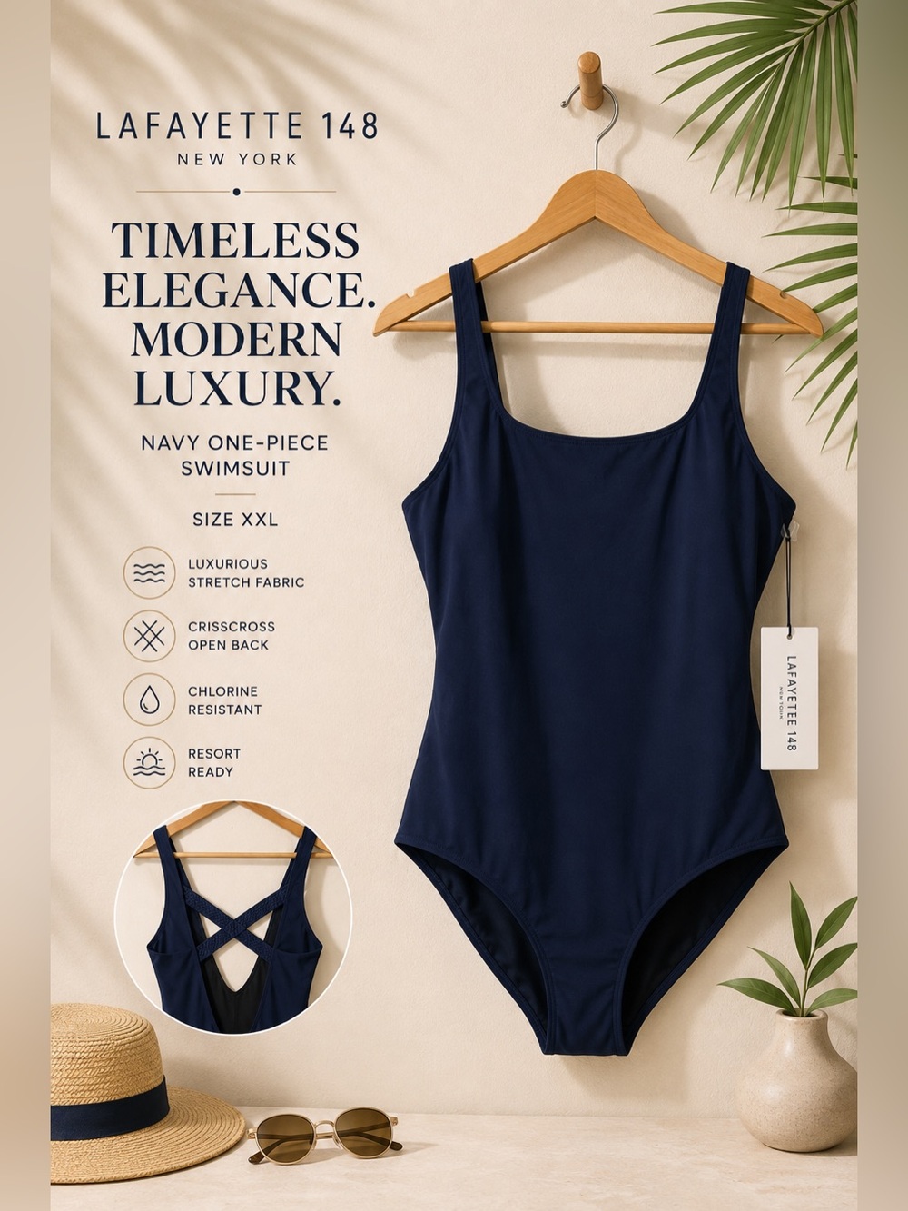Lafayette 148 New York Navy One-Piece Swimsuit Size XXL NWT